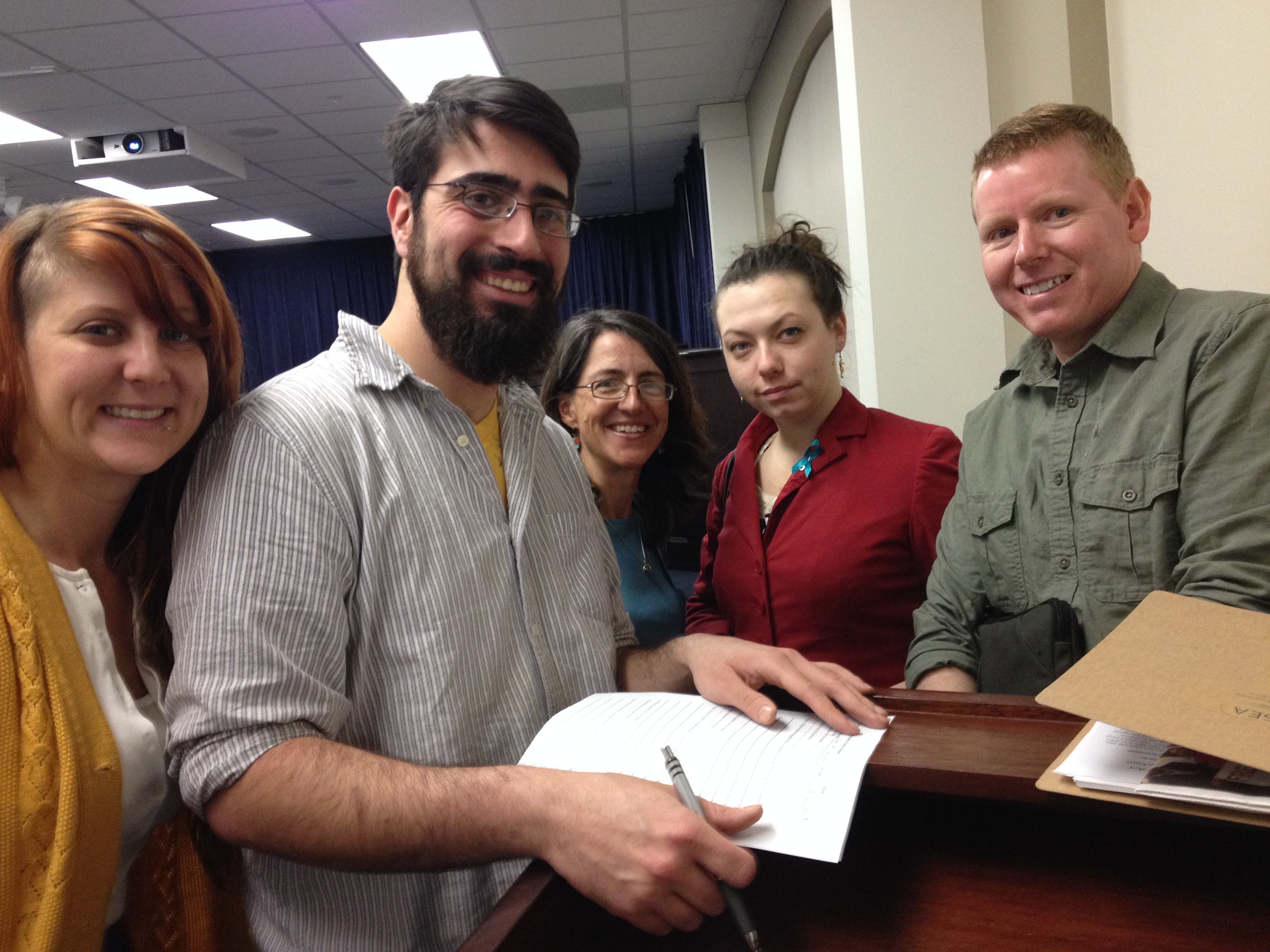 From left, Cara Cooper, Greg Capillo, Lisa Abbott, Veronika Golod and Robert Reese talked with lawmakers about the Clean Energy Opportunity Act.