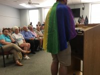 Photo taken by Mary Meehan of WEKU Radio. Danny Woolums, Jr, Georgeotwn native and CKY member, speaks about the need for Fairness at Georgetown Council meeting.